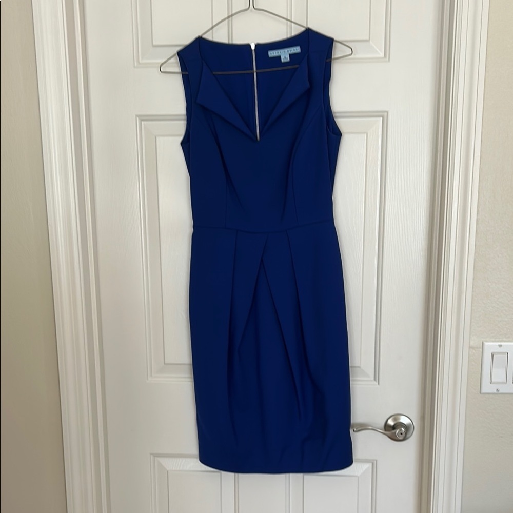 ANTONIO MELANI Blue Ruched Sheath Dress V-neck Midi
